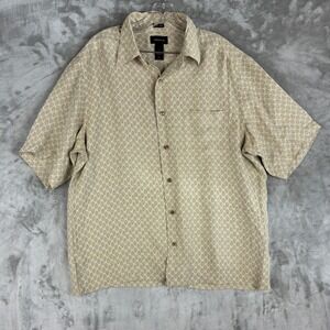 Claiborne Mens L 100% Silk Short Sleeve Button Down Shirt Tan Geometric Teardrop